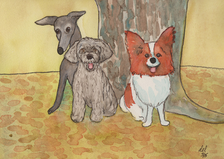 Mokie and Cooper under the tree - watercolor, ink