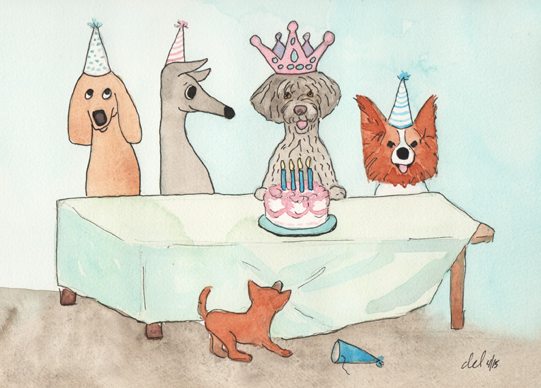 Birthday Mokie - watercolor and ink